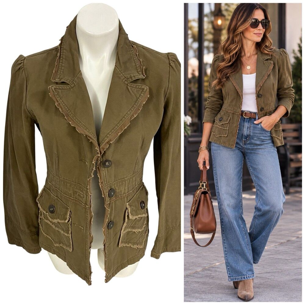 Tulle Utility Blazer Womens L Jacket Brown Cotton Frayed Military Boho Y2K